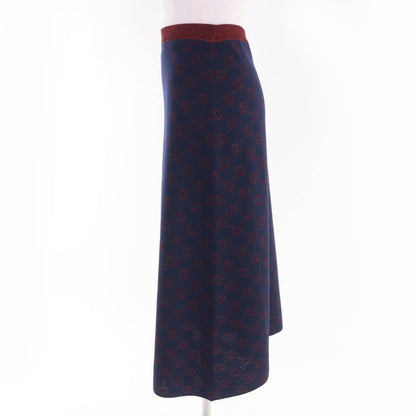 Gucci Wool Lame Jacquard GG Pattern Long Knit Skirt Navy Red