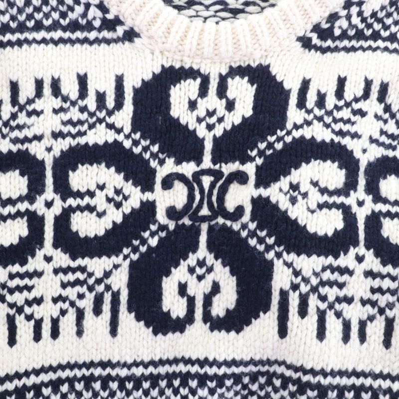 Celine 24-25aw 2adlr888z01ma Cashmere Blend Triomphe Embroidery Crew Neck Long Sleeve Knit Off White Navy S