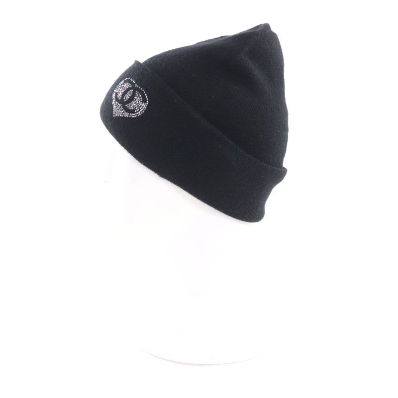 Chanel 100% Cashmere Coco Mark Knit Cap With Rhinestones Black