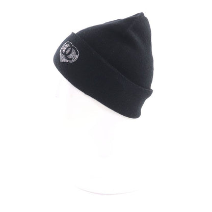 Chanel 100% Cashmere Coco Mark Knit Cap With Rhinestones Black