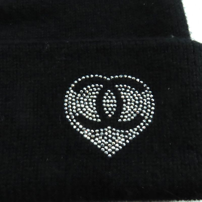 Chanel 100% Cashmere Coco Mark Knit Cap With Rhinestones Black
