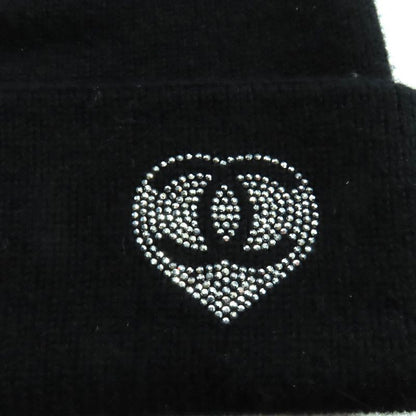 Chanel 100% Cashmere Coco Mark Knit Cap With Rhinestones Black