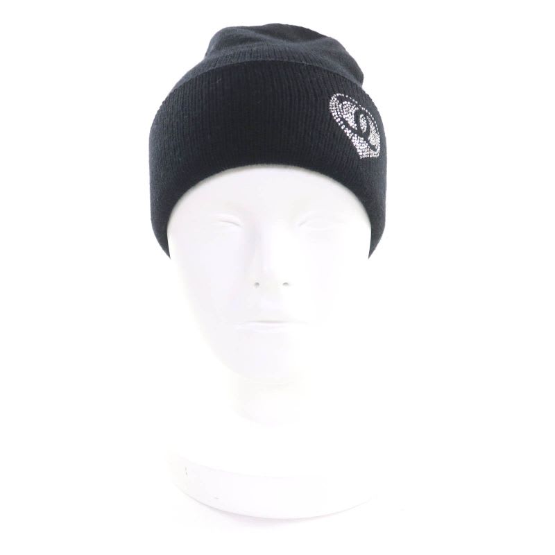 Chanel 100% Cashmere Coco Mark Knit Cap With Rhinestones Black
