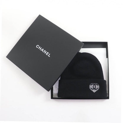 Chanel 100% Cashmere Coco Mark Knit Cap With Rhinestones Black
