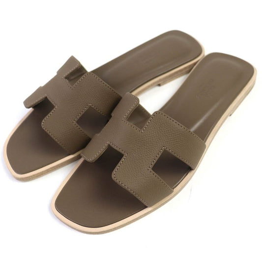 △hermes Oran Etoupe H Logo Leather Flat Sandals Mule 37 Box/storage Bag