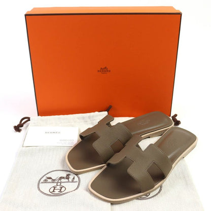 △hermes Oran Etoupe H Logo Leather Flat Sandals Mule 37 Box/storage Bag