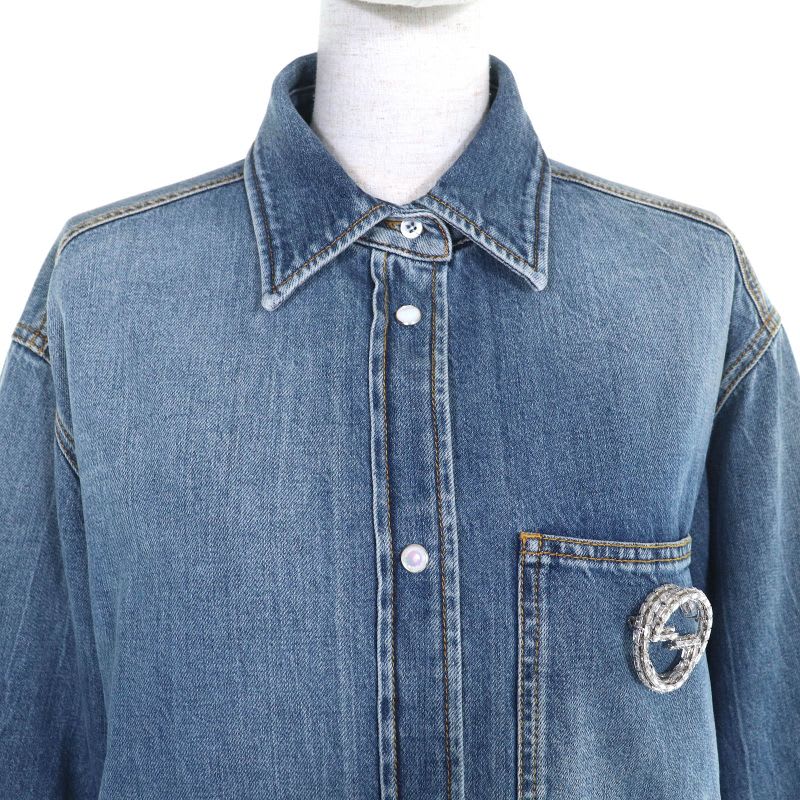 Gucci 24 SS 100% Cotton Interlocking G Brooch Filled Long Sleeve Denim