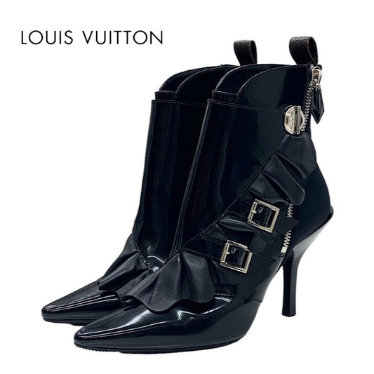 Louis Vuitton Boots Short Boots Shoes Leather Fabric Black Silver Belt Ruffle