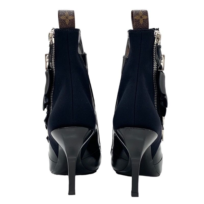 Louis Vuitton Boots Short Boots Shoes Leather Fabric Black Silver Belt Ruffle