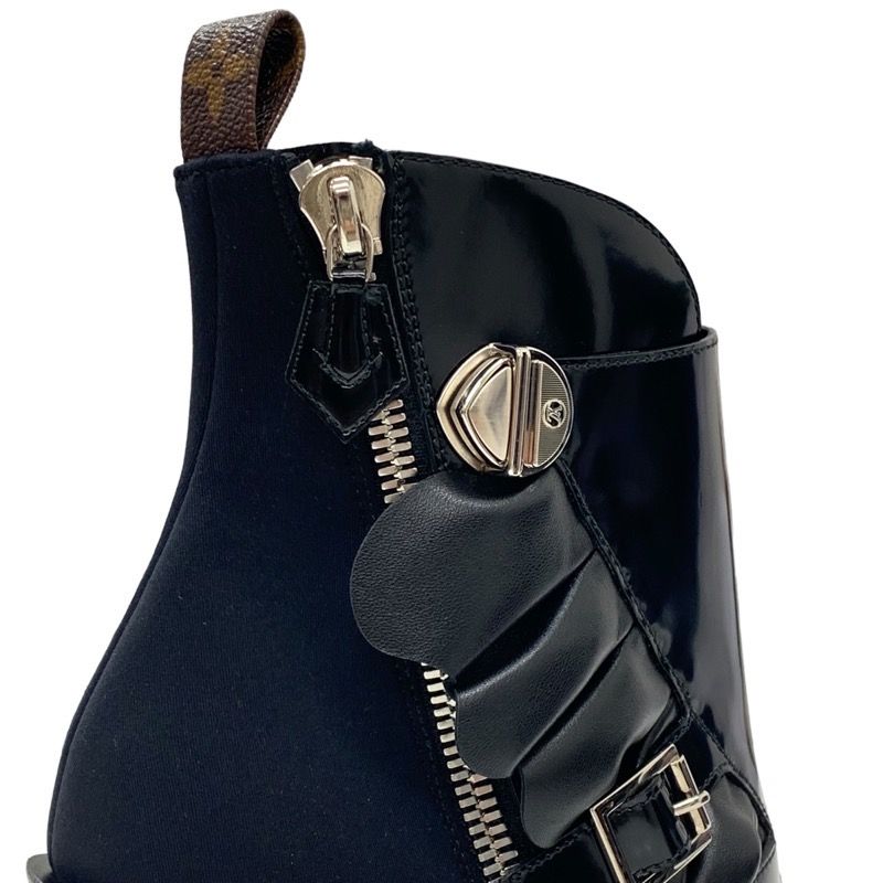 Louis Vuitton Boots Short Boots Shoes Leather Fabric Black Silver Belt Ruffle