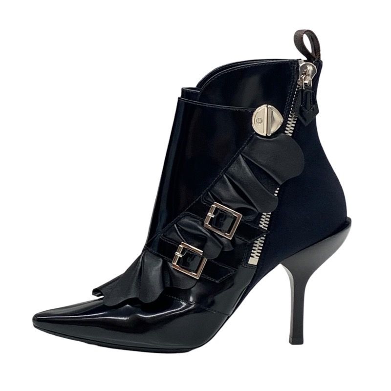 Louis Vuitton Boots Short Boots Shoes Leather Fabric Black Silver Belt Ruffle