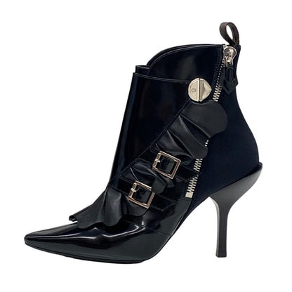 Louis Vuitton Boots Short Boots Shoes Leather Fabric Black Silver Belt Ruffle