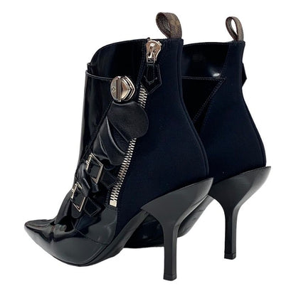 Louis Vuitton Boots Short Boots Shoes Leather Fabric Black Silver Belt Ruffle