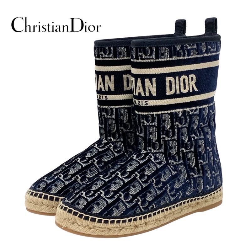Christian DIOR Boots Short Boots Shoes Velor Shearling Navy Unused Shearling