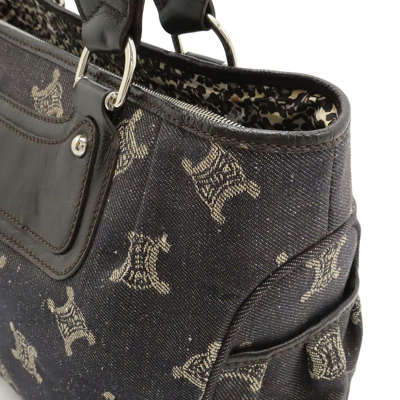 Celine Macadam Boogie Bag Handbag Tote Bag Denim Leather Black Silver Hardware