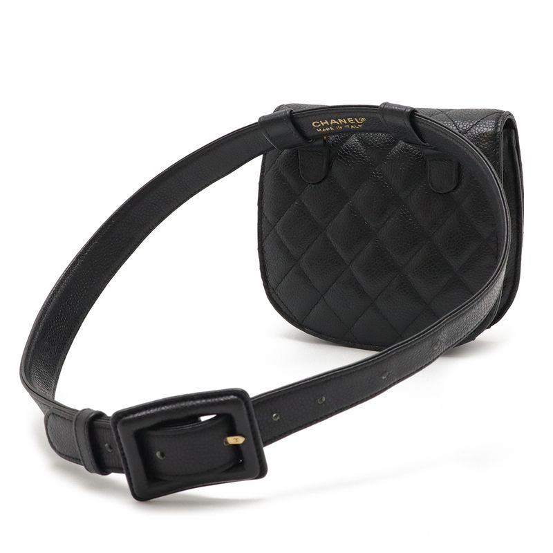 Chanel Matelasse Belt Bag Waist Pouch Body Bag Caviar Skin Leather Black Gold