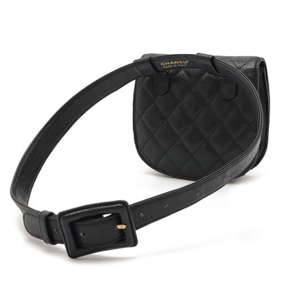 Chanel Matelasse Belt Bag Waist Pouch Body Bag Caviar Skin Leather Black Gold
