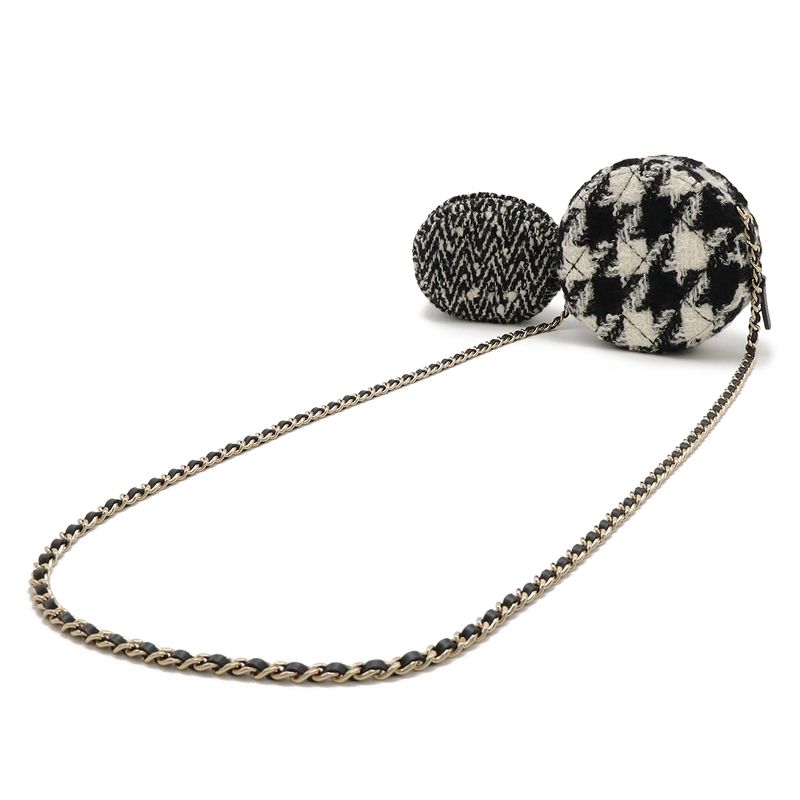 Chanel Round Chain Shoulder Pochette Round Shape Houndstooth Tweed Boa Ivory