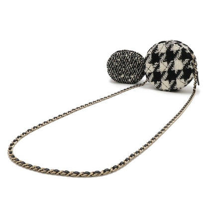 Chanel Round Chain Shoulder Pochette Round Shape Houndstooth Tweed Boa Ivory
