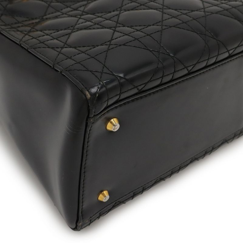 Christian DIOR Lady Dior Cannage Handbag 2WAY Shoulder Bag Enamel Black Gold