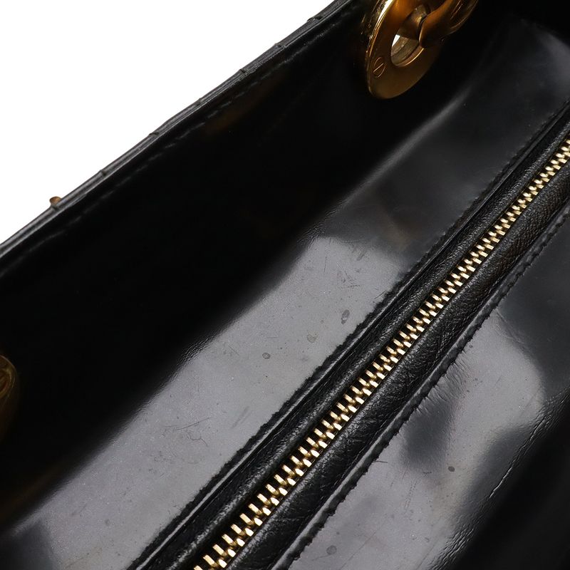 Christian DIOR Lady Dior Cannage Handbag 2WAY Shoulder Bag Enamel Black Gold