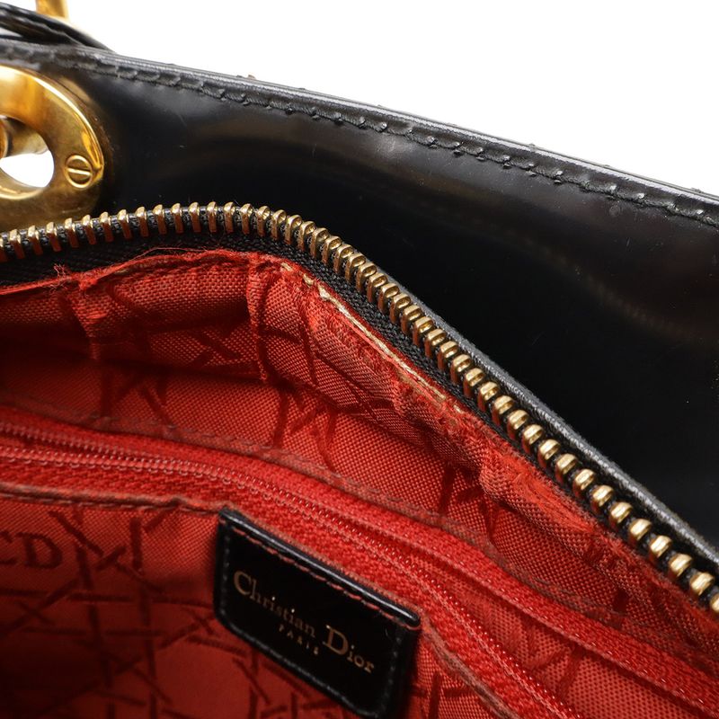 Christian DIOR Lady Dior Cannage Handbag 2WAY Shoulder Bag Enamel Black Gold