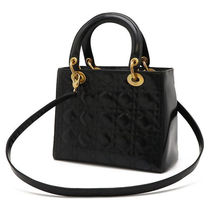 Christian DIOR Lady Dior Cannage Handbag 2WAY Shoulder Bag Enamel Black Gold