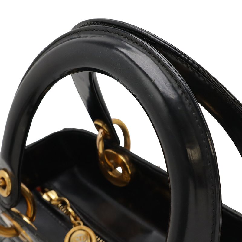 Christian DIOR Lady Dior Cannage Handbag 2WAY Shoulder Bag Enamel Black Gold