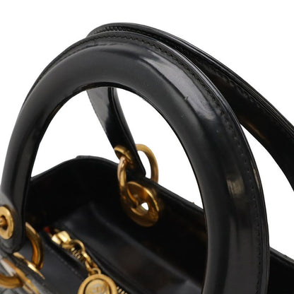 Christian DIOR Lady Dior Cannage Handbag 2WAY Shoulder Bag Enamel Black Gold