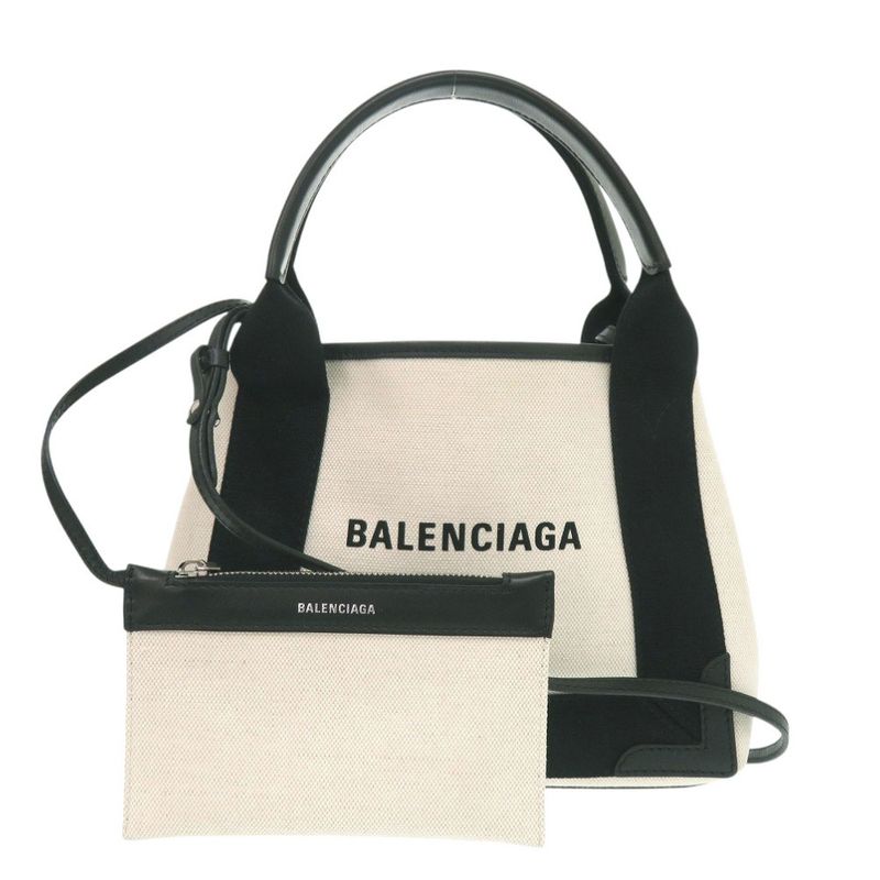 Balenciaga Navy Cabas XS Canvas Leather Light Beige Black 2way Handbag 0433