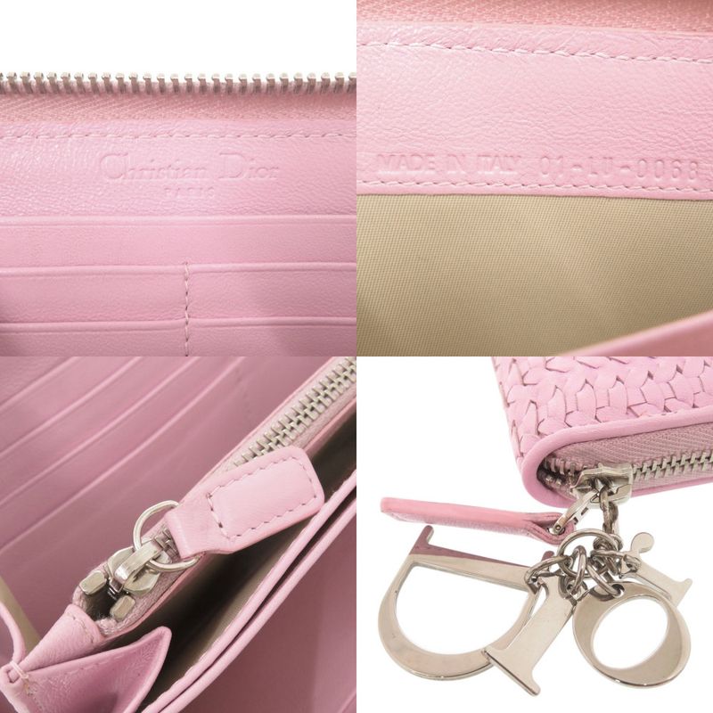 Christian Dior Braided Leather Pink Round Zipper Long Wallet 1634 Christian Dior