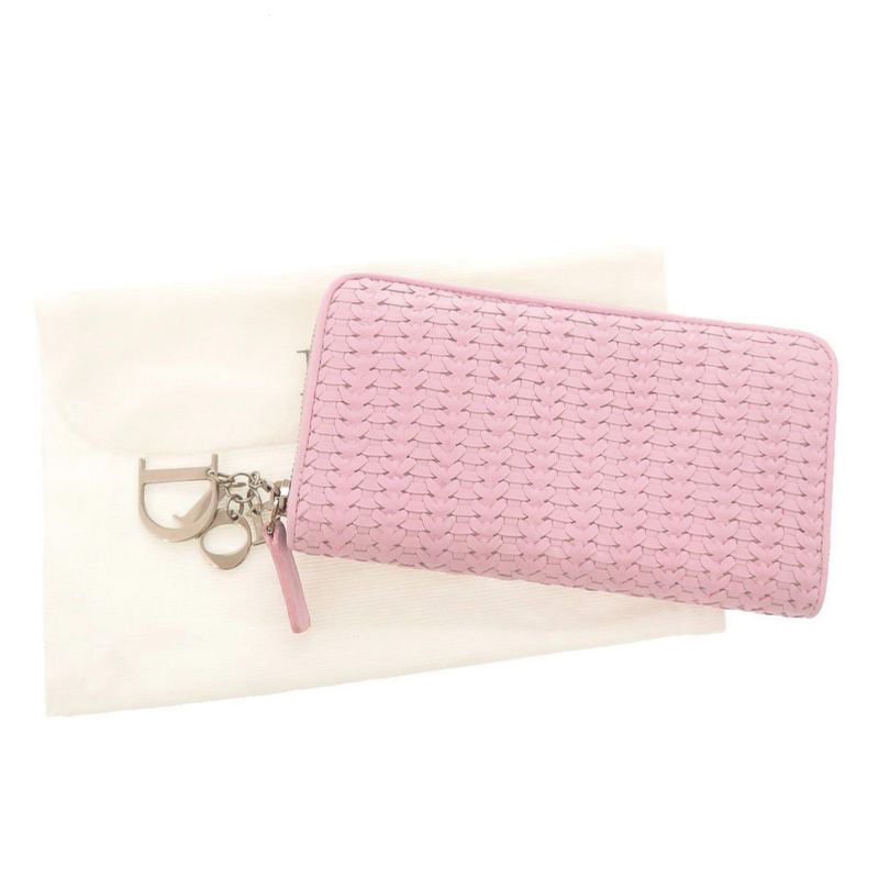 Christian Dior Braided Leather Pink Round Zipper Long Wallet 1634 Christian Dior