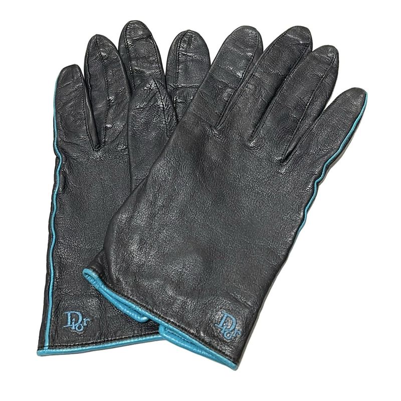 Dior Christian Dior Gloves Women's - Black X Blue Green Logo Embroidery Leather