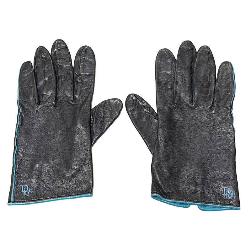 Dior Christian Dior Gloves Women's - Black X Blue Green Logo Embroidery Leather