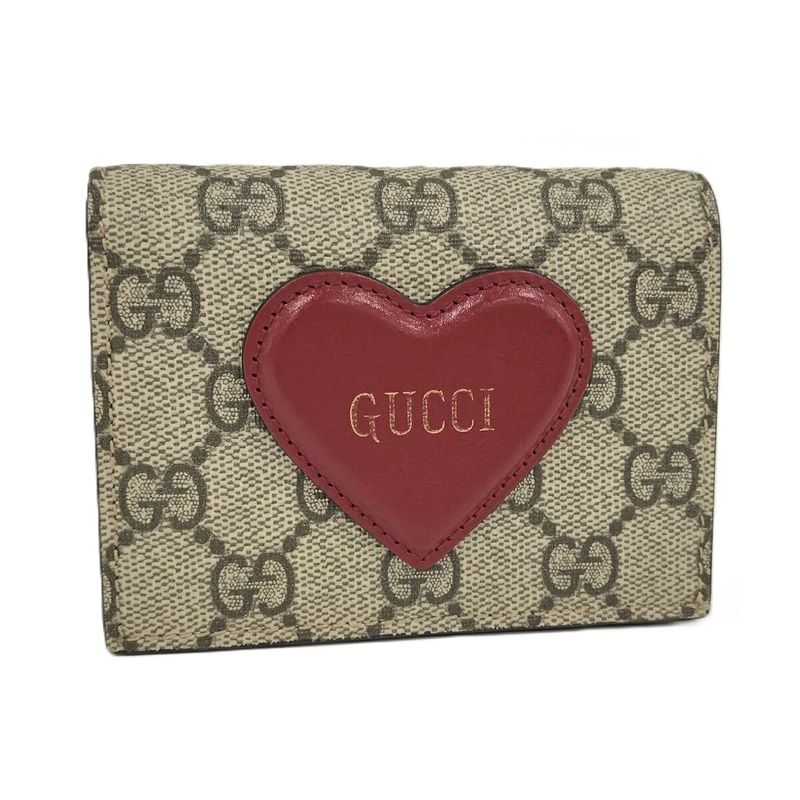 Gucci Bifold Wallet Heart Motif GG Supreme PVC Leather Beige Brown