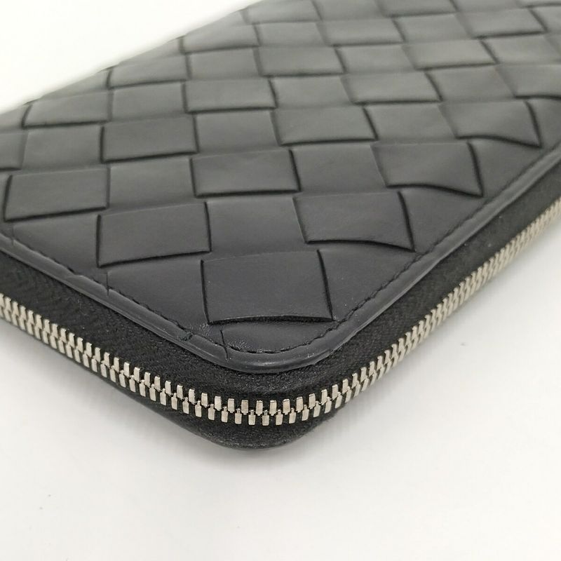 Bottega Veneta Round Zipper Long Wallet Intrecciato Leather Black