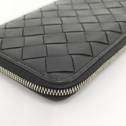 Bottega Veneta Round Zipper Long Wallet Intrecciato Leather Black
