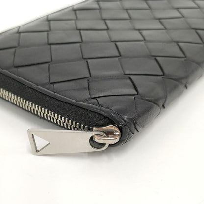 Bottega Veneta Round Zipper Long Wallet Intrecciato Leather Black