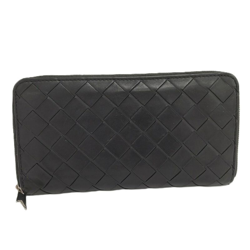 Bottega Veneta Round Zipper Long Wallet Intrecciato Leather Black