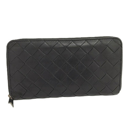 Bottega Veneta Round Zipper Long Wallet Intrecciato Leather Black