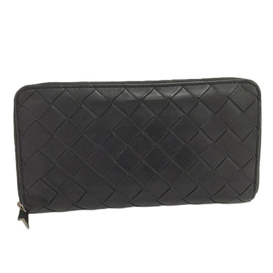 Bottega Veneta Round Zipper Long Wallet Intrecciato Leather Black