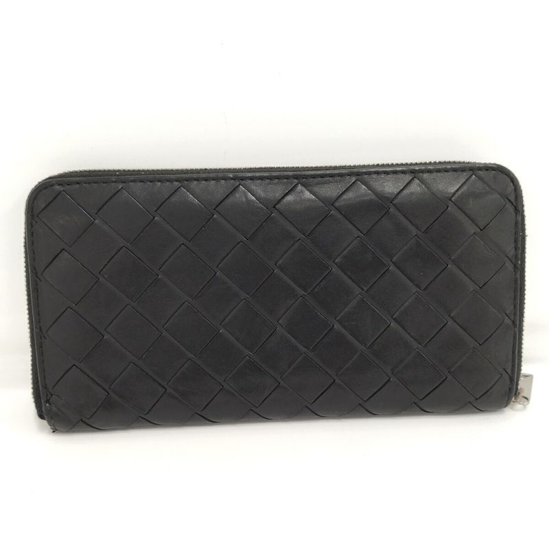 Bottega Veneta Round Zipper Long Wallet Intrecciato Leather Black