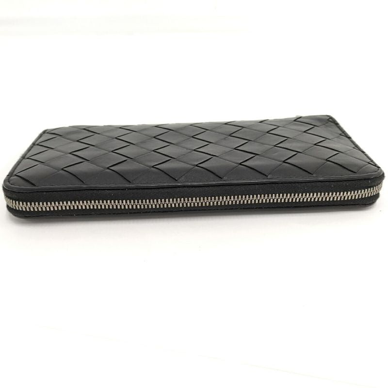 Bottega Veneta Round Zipper Long Wallet Intrecciato Leather Black