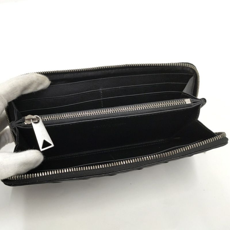 Bottega Veneta Round Zipper Long Wallet Intrecciato Leather Black