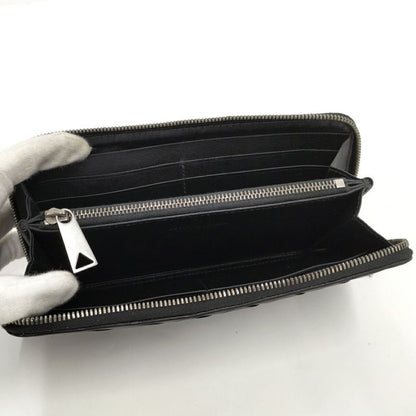 Bottega Veneta Round Zipper Long Wallet Intrecciato Leather Black