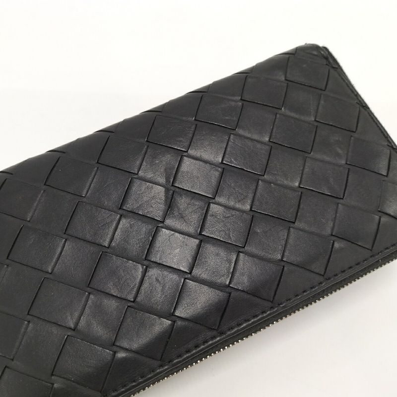 Bottega Veneta Round Zipper Long Wallet Intrecciato Leather Black
