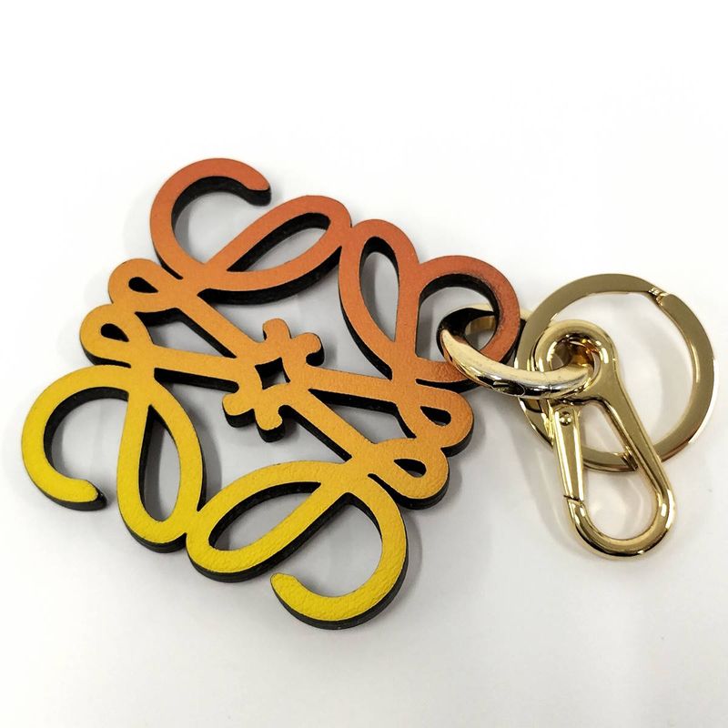 Loewe Charm Key Ring Anagram Plated Gold Brown Yellow Orange