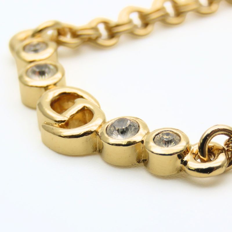 Christian Dior Necklace CD Logo Metal Rhinestone Gold Plated GP Accessories
