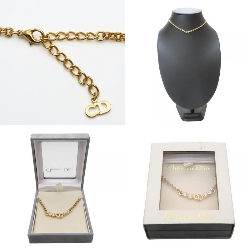 Christian Dior Necklace CD Logo Metal Rhinestone Gold Plated GP Accessories