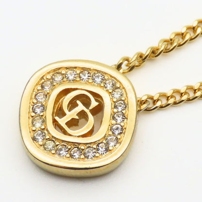 Christian Dior Necklace CD Logo Metal Rhinestone Gold Plated GP Accessories